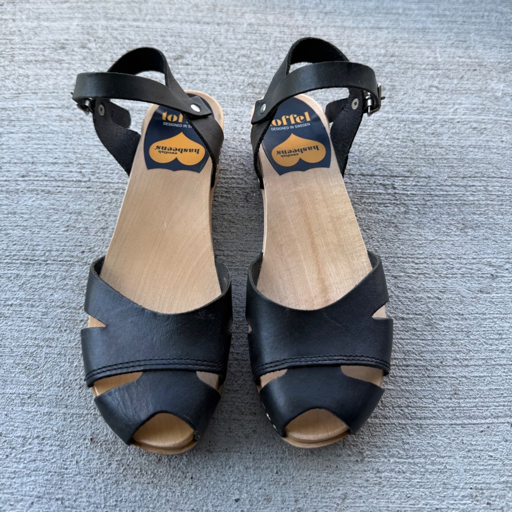 Swedish Hasbeens Toffel Black Leather Wooden Clog Sandals EU 37